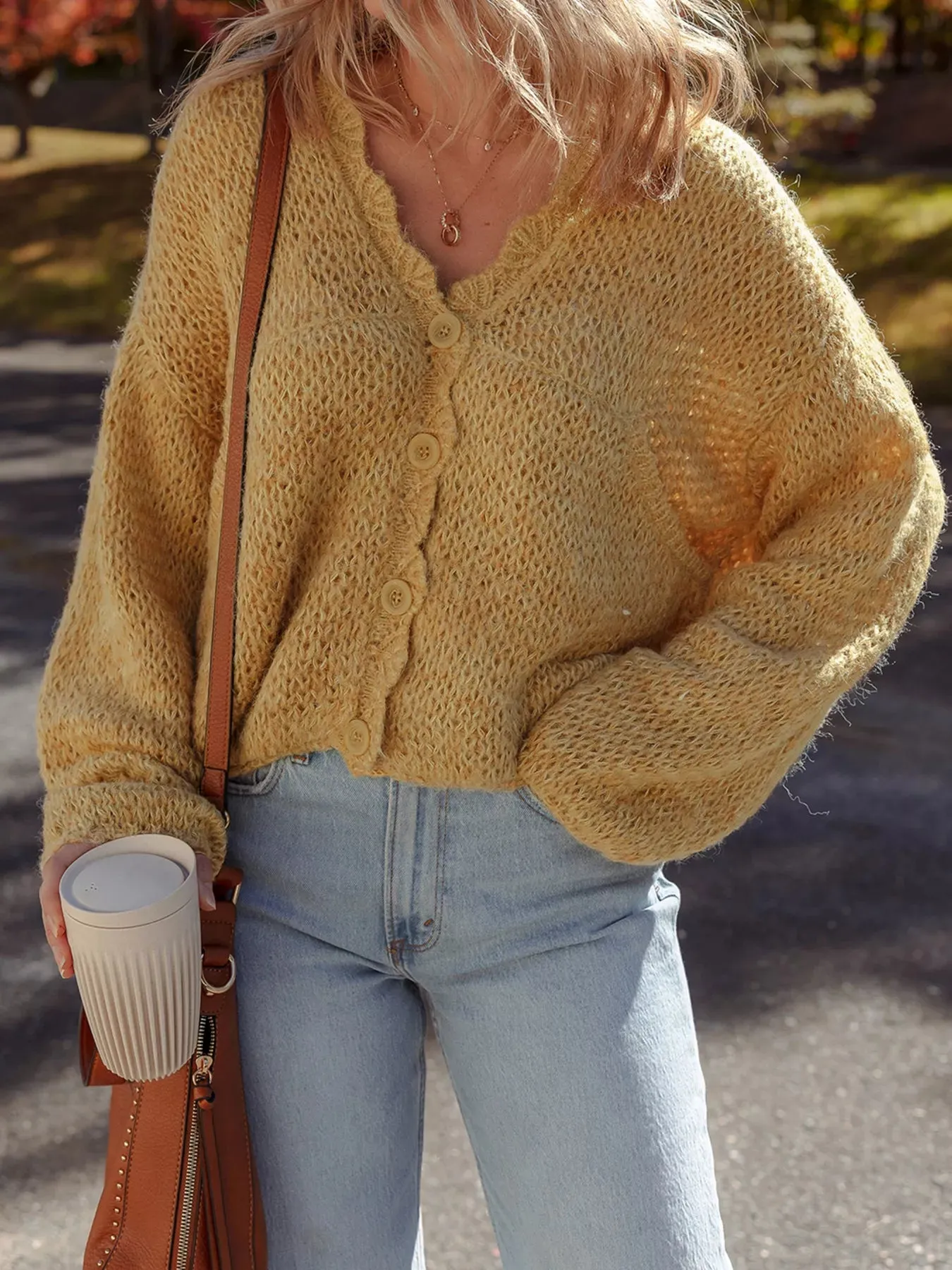 Lantern Sleeve Scallop V Neck Buttoned Front Cardigan sold by Charming Charlie