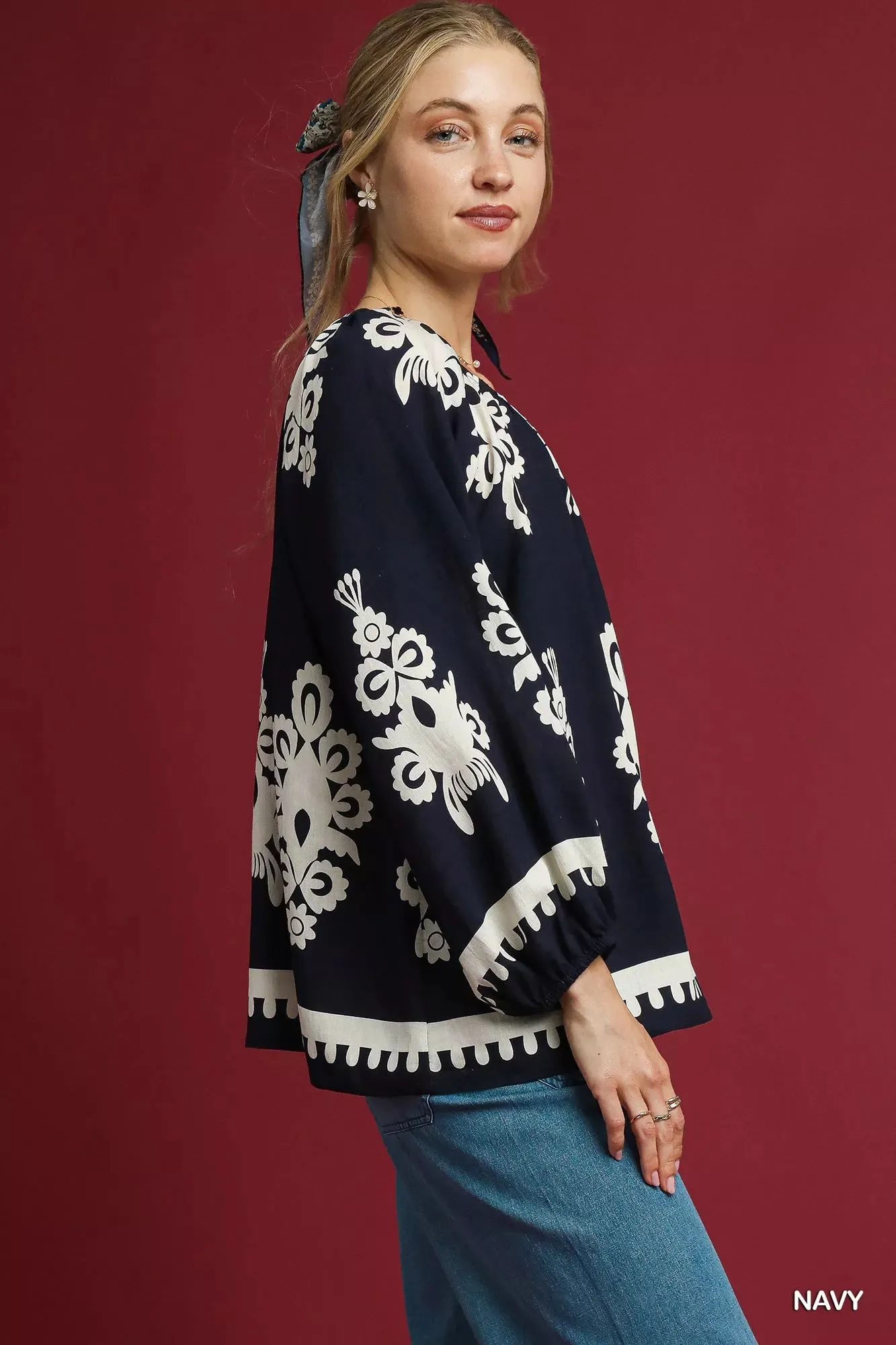 Umgee Two Tone Border Print Top with Balloon Sleeves sold by Charming Charlie product image thumbnail 3