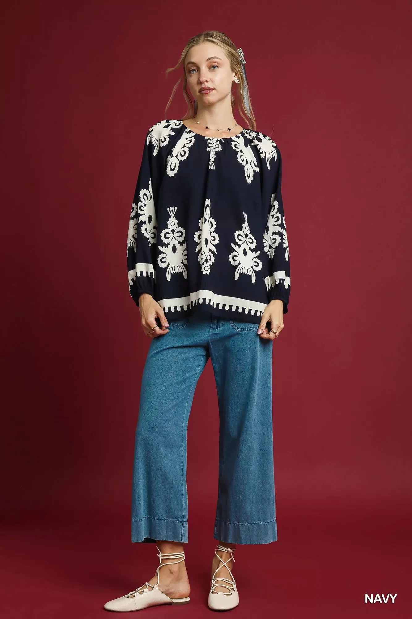 Umgee Two Tone Border Print Top with Balloon Sleeves sold by Charming Charlie product image thumbnail 2