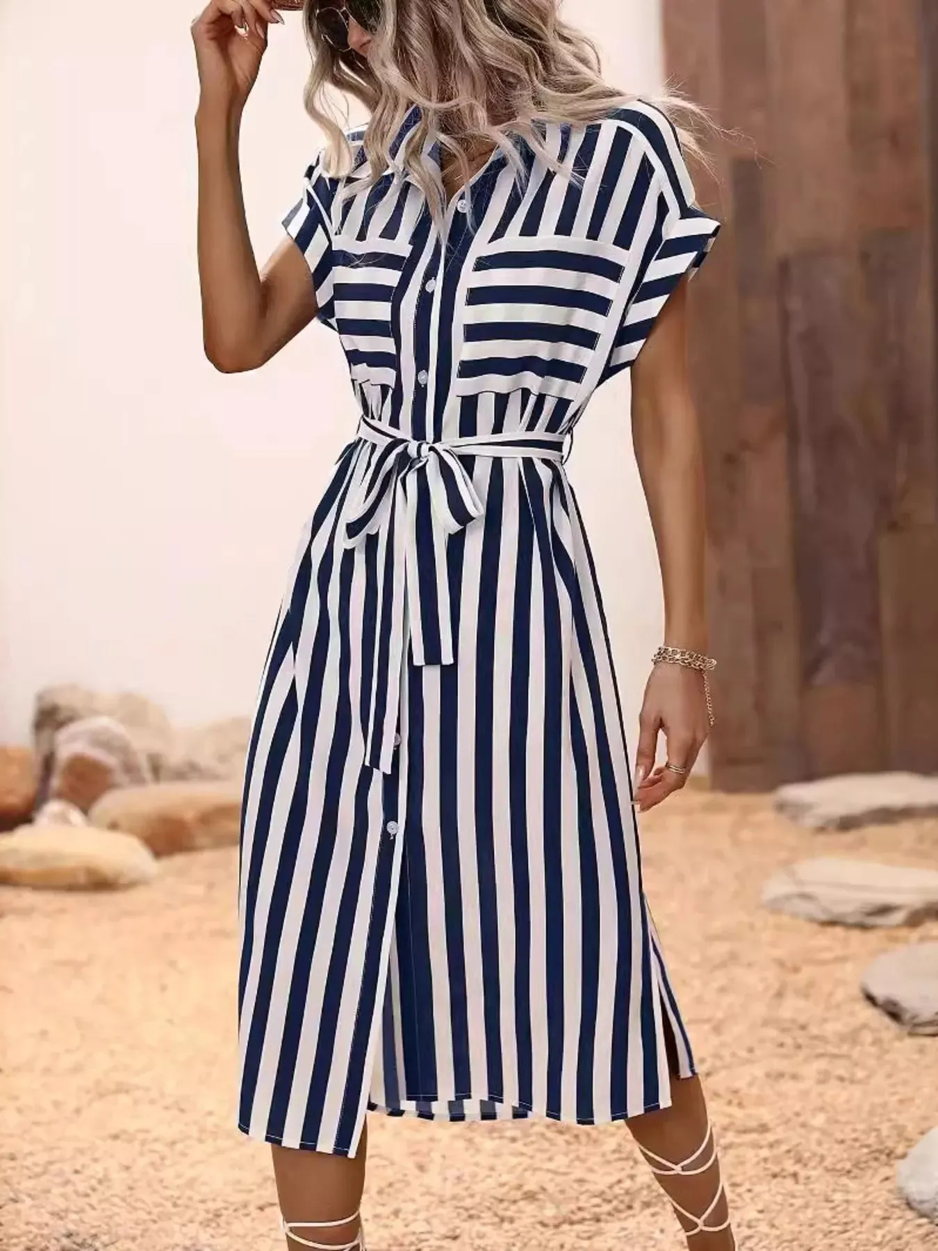 Striped Button Front Shirt Dress sold by Charming Charlie product image thumbnail 4