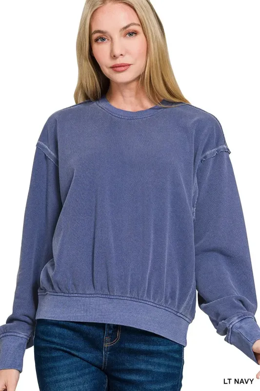 Zenana Soft Fleece Pigment Dye Round Neck Pullover sold by Charming Charlie