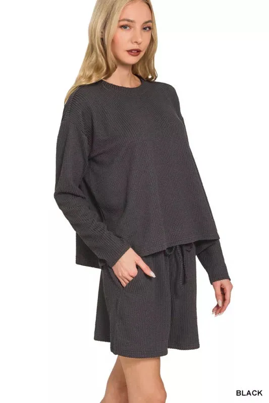Zenana Corded Rib Long Sleeve Tee and Shorts Set sold by Charming Charlie