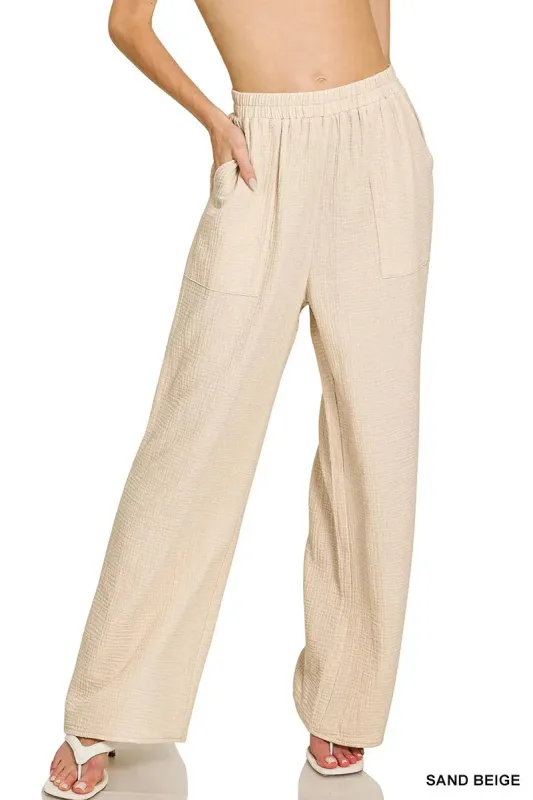 Zenana Double Gauze Elastic Band Pants sold by Charming Charlie