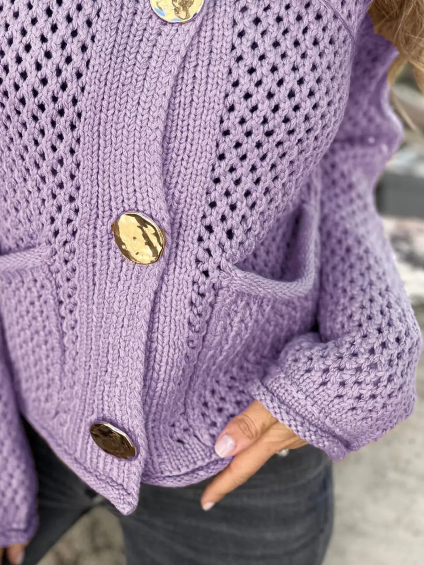 Crochet Button Up Long Sleeve Cardigan sold by Charming Charlie product image thumbnail 3