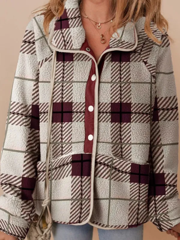 Plaid Buttoned Stand Collar Fleece Jacket sold by Charming Charlie