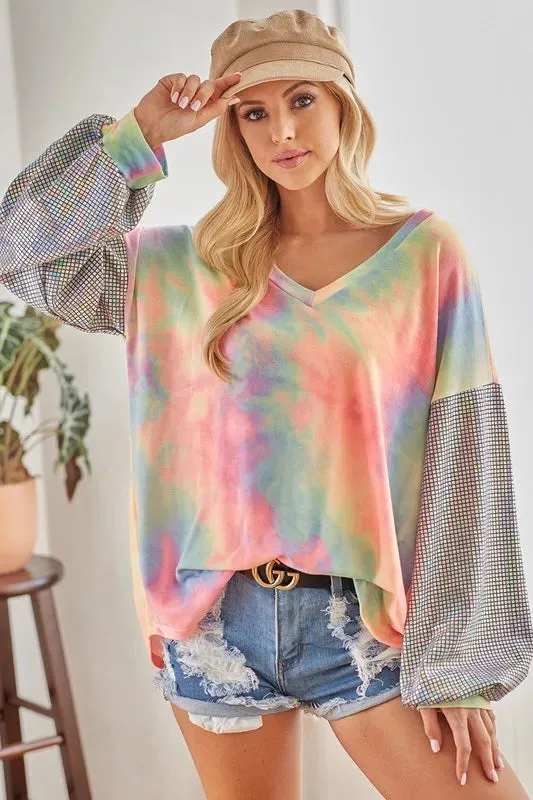 BiBi V Neck Tie Dye French Terry Top with Shiny sold by Charming Charlie product image thumbnail 3