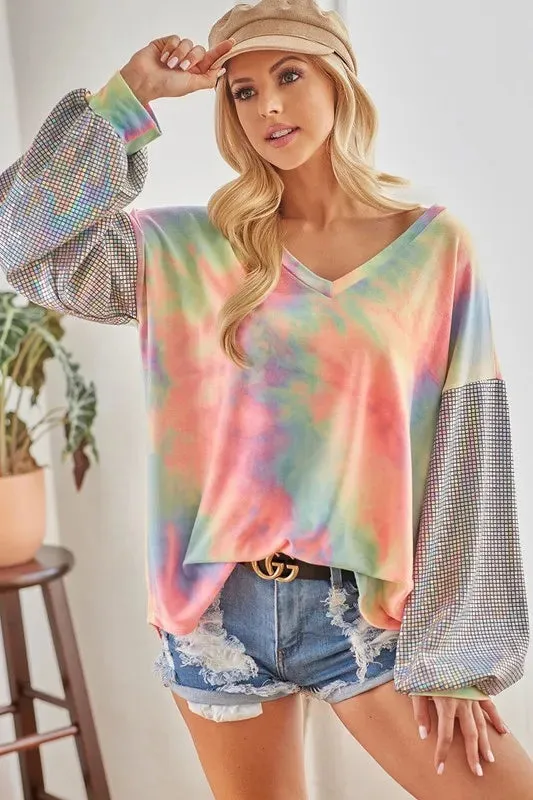 BiBi V Neck Tie Dye French Terry Top with Shiny sold by Charming Charlie