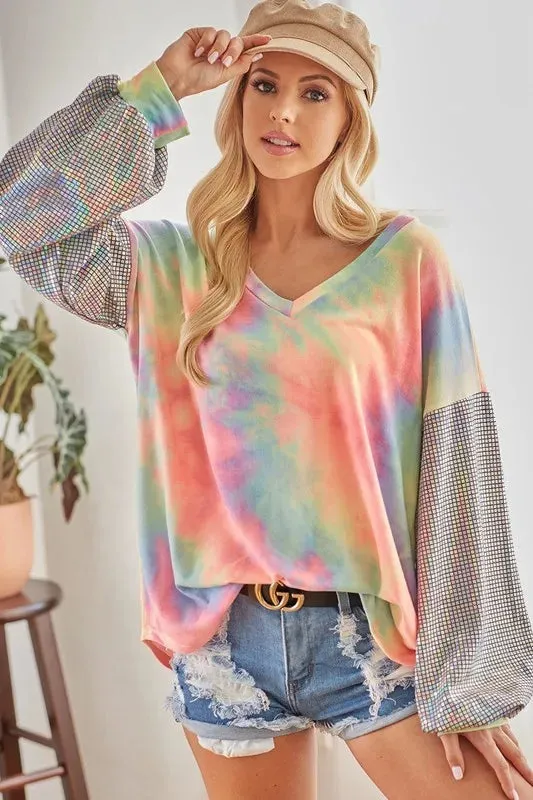 BiBi V Neck Tie Dye French Terry Top with Shiny sold by Charming Charlie product image thumbnail 5