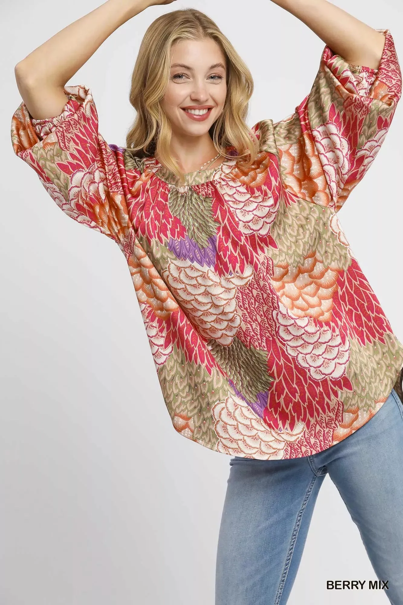 Umgee Boho Feather Print Peasant Blouse sold by Charming Charlie