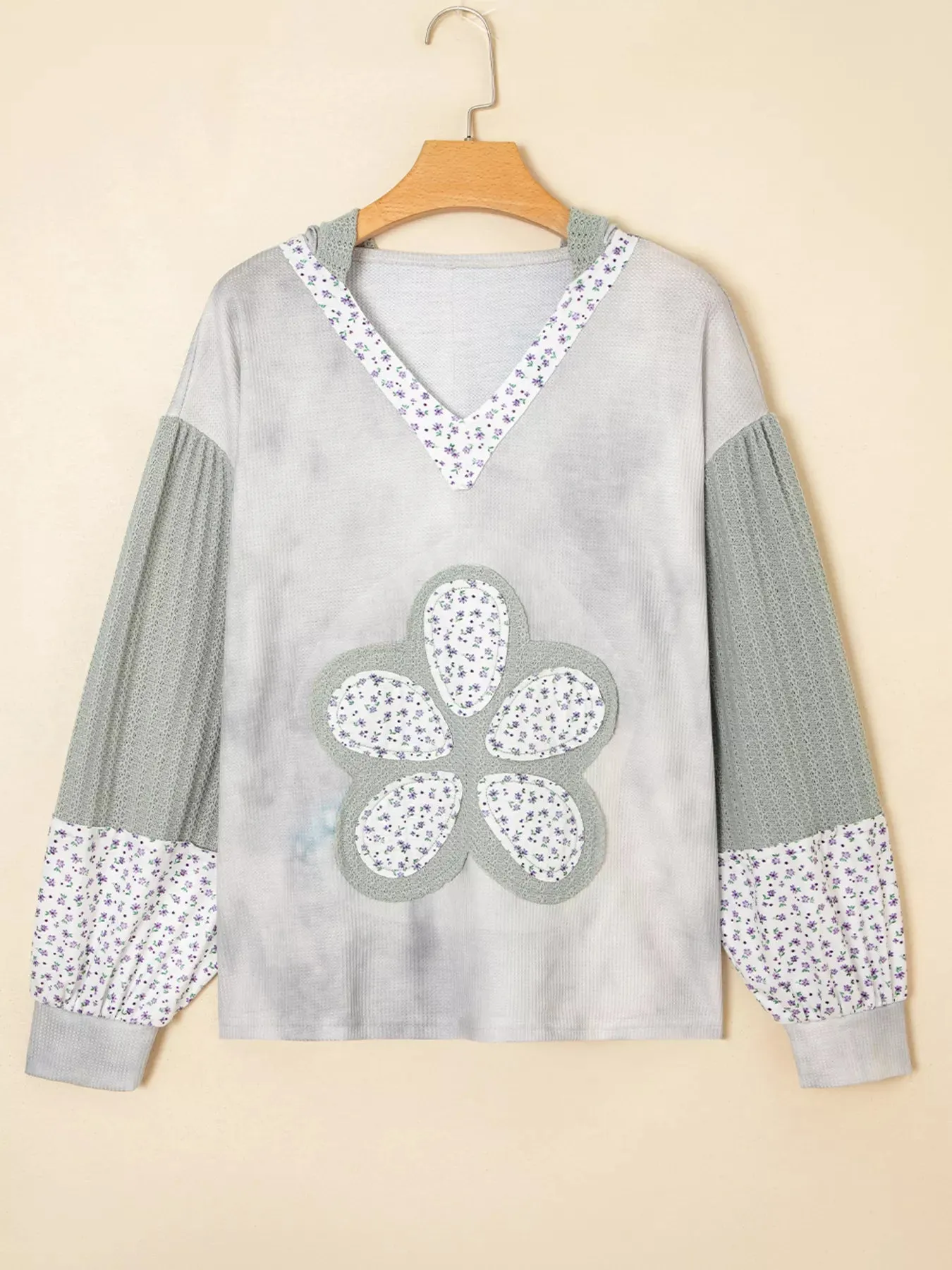 Floral Patched Waffle Textured V Neck Casual Hooded Top sold by Charming Charlie product image thumbnail 2