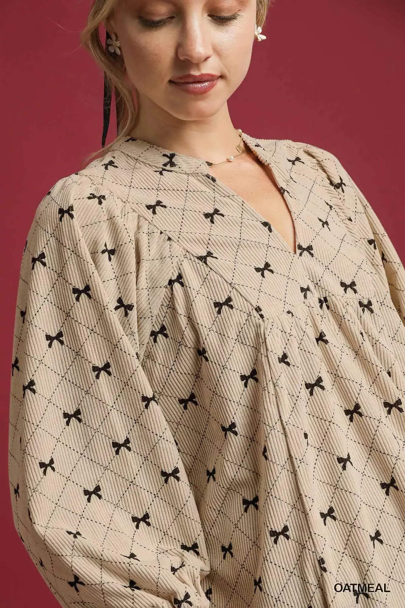 Umgee Corduroy Bow Print Balloon Sleeve Blouse sold by Charming Charlie product image thumbnail 5