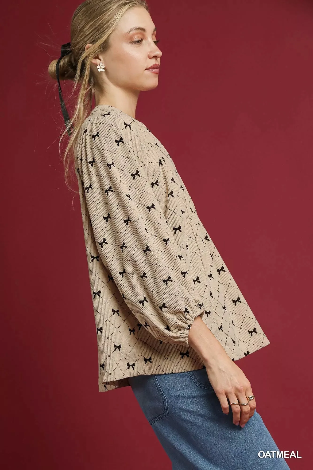 Umgee Corduroy Bow Print Balloon Sleeve Blouse sold by Charming Charlie product image thumbnail 2