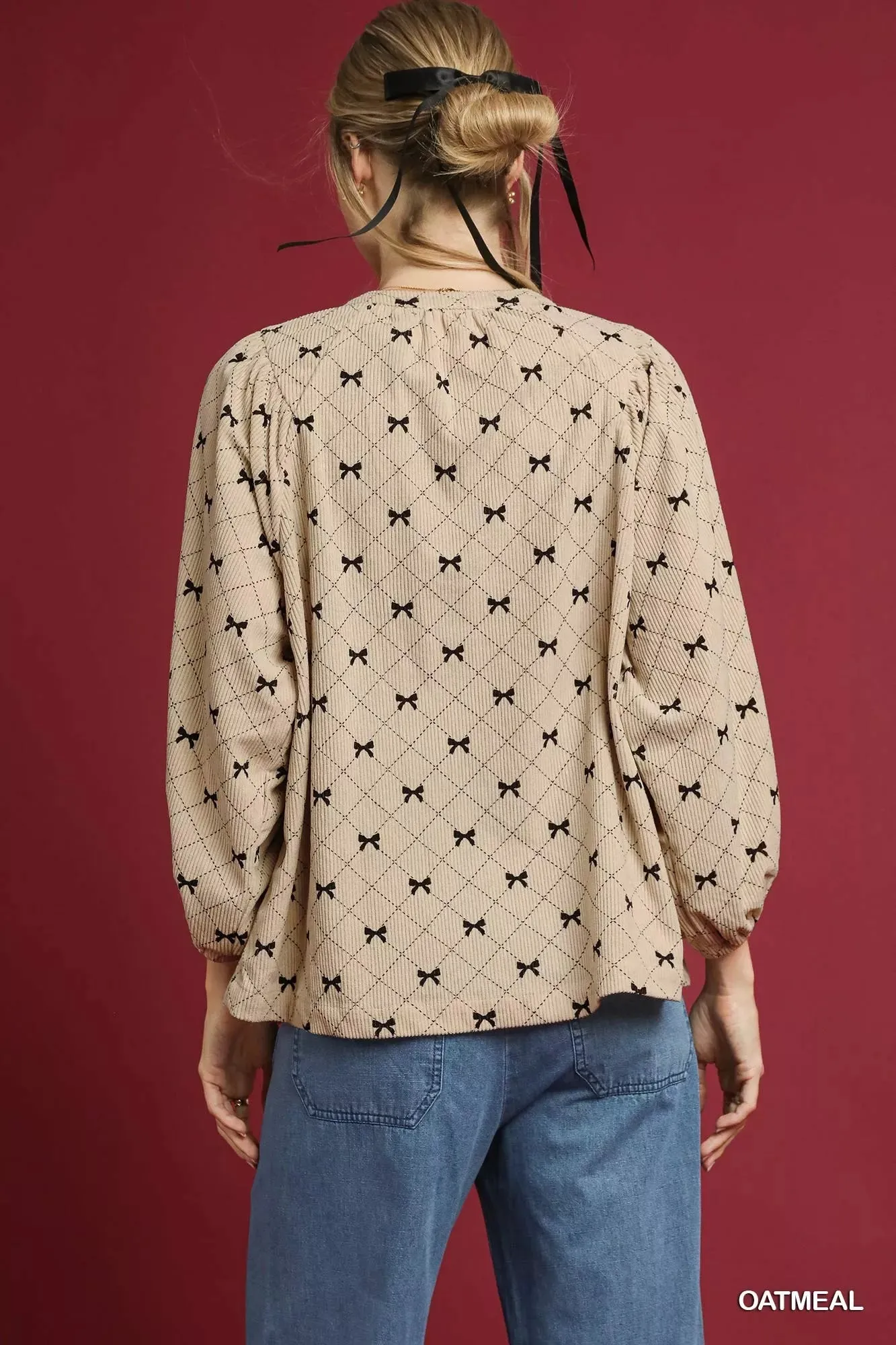 Umgee Corduroy Bow Print Balloon Sleeve Blouse sold by Charming Charlie product image thumbnail 3