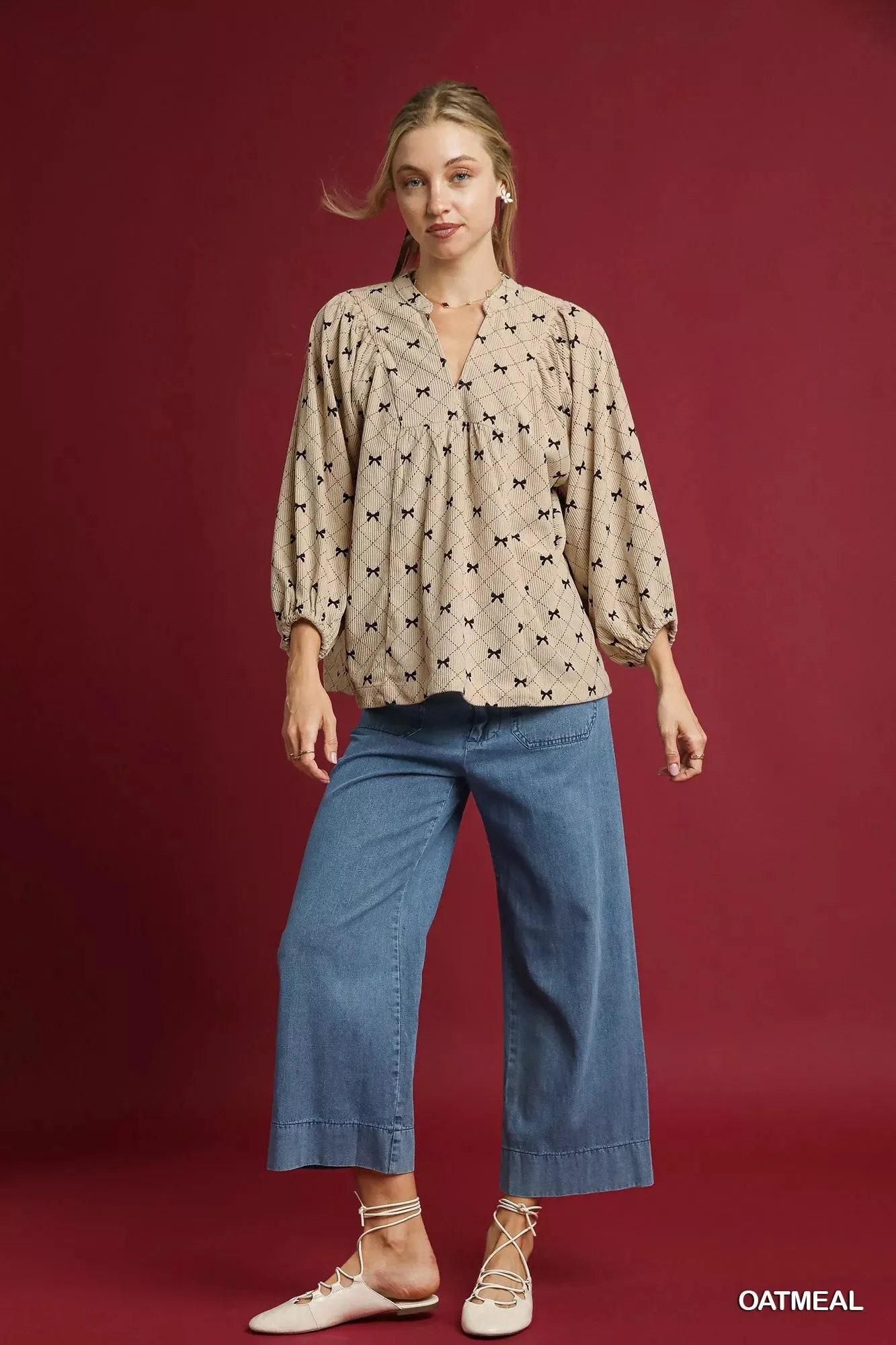 Umgee Corduroy Bow Print Balloon Sleeve Blouse sold by Charming Charlie product image thumbnail 4