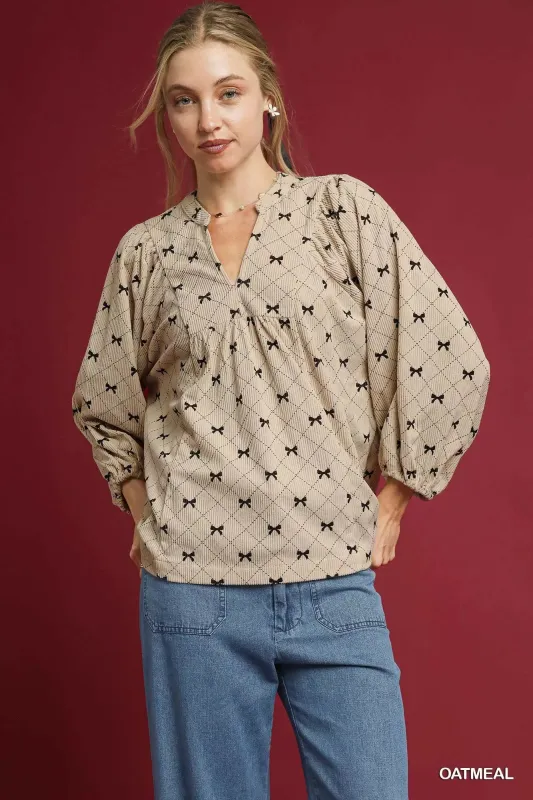 Umgee Corduroy Bow Print Balloon Sleeve Blouse sold by Charming Charlie