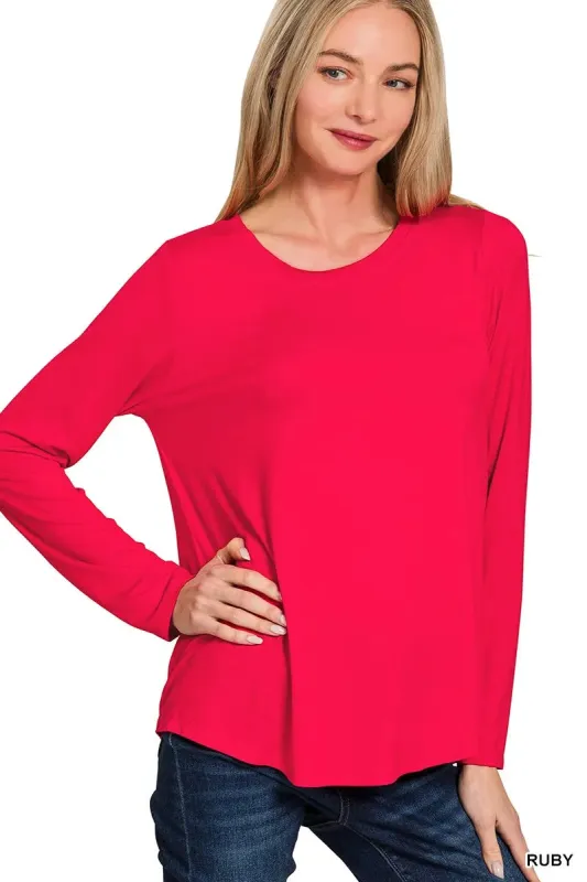 Zenana Flowy Round Hem Rayon Long Sleeve Top sold by Charming Charlie