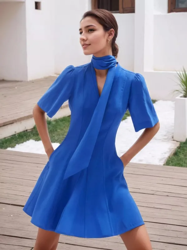 V-Neck Short Sleeve Dress with Pockets made by Trendsi