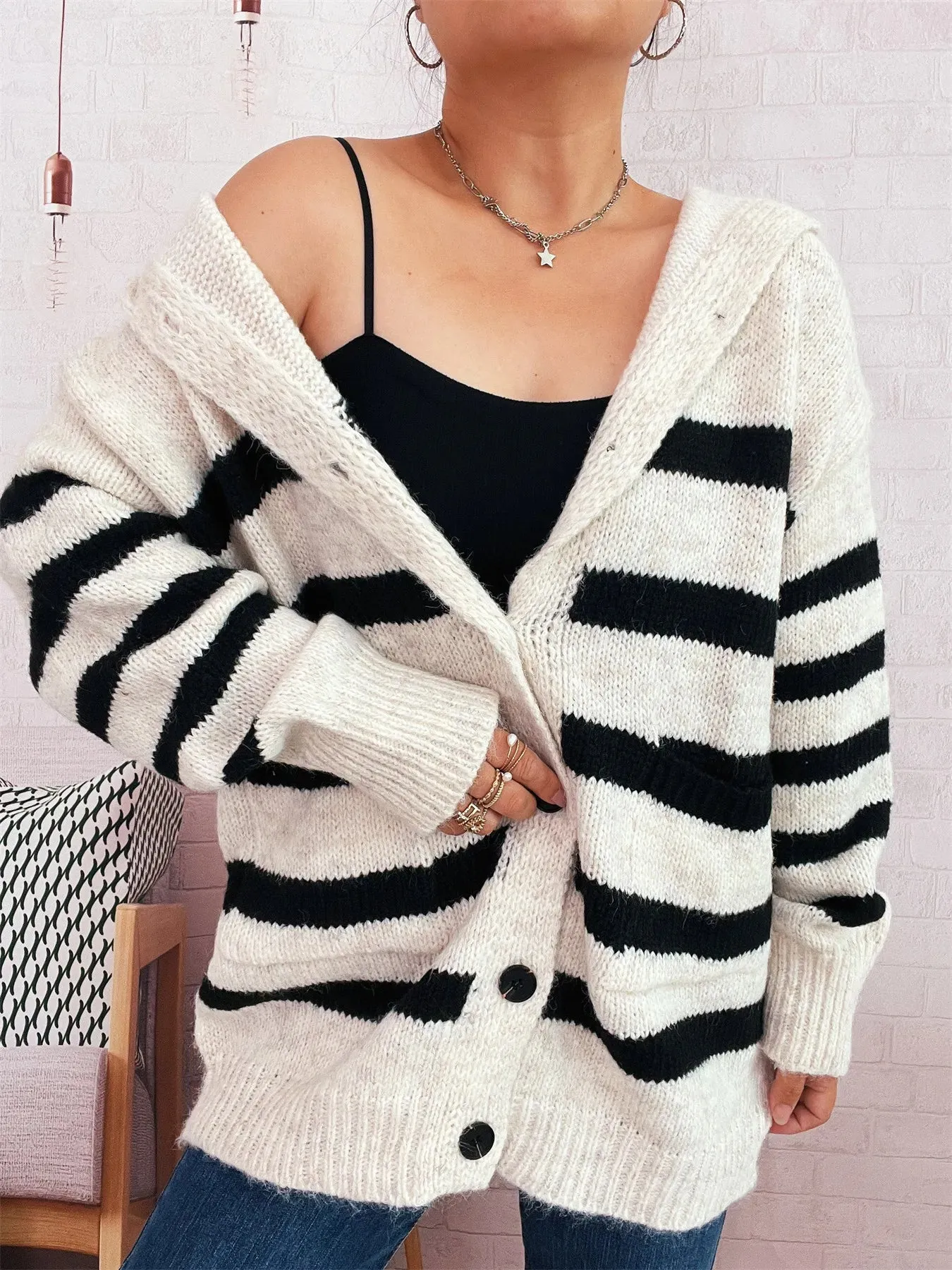 Striped Button-Up Hooded Cardigan sold by Charming Charlie product image thumbnail 3
