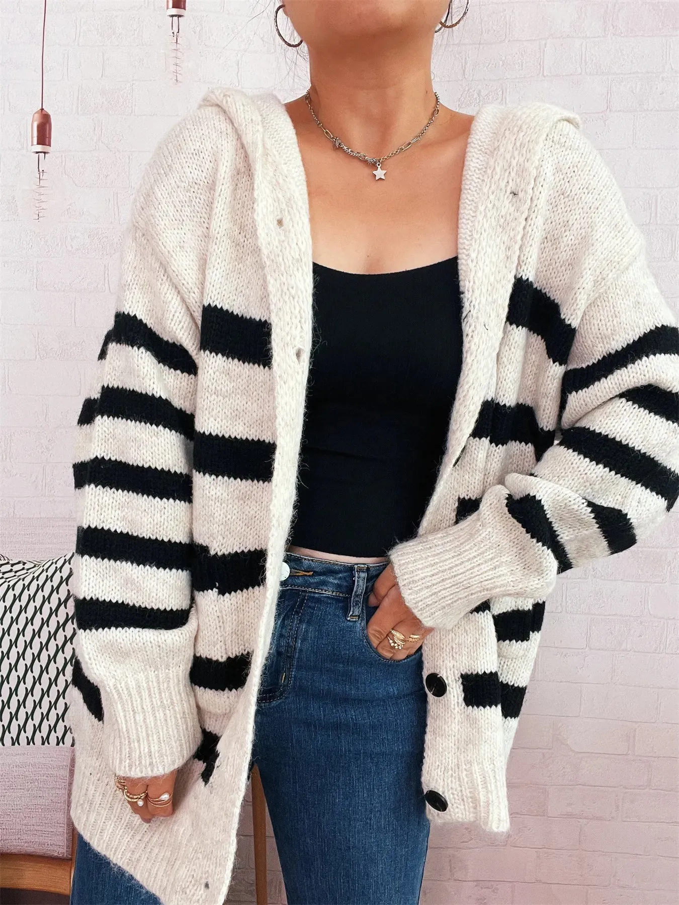 Striped Button-Up Hooded Cardigan sold by Charming Charlie product image thumbnail 4