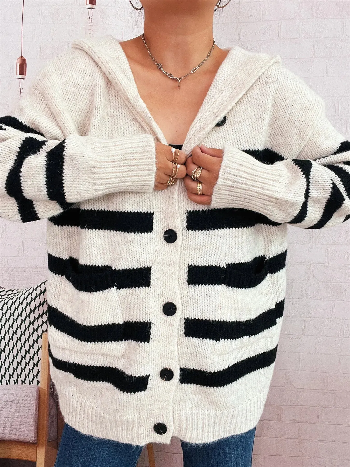 Striped Button-Up Hooded Cardigan sold by Charming Charlie product image thumbnail 5