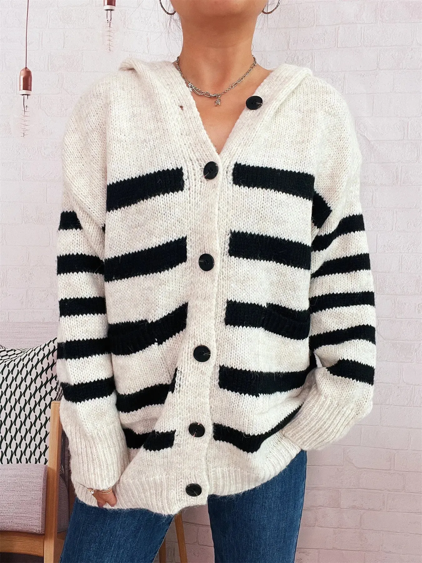 Striped Button-Up Hooded Cardigan sold by Charming Charlie product image thumbnail 2