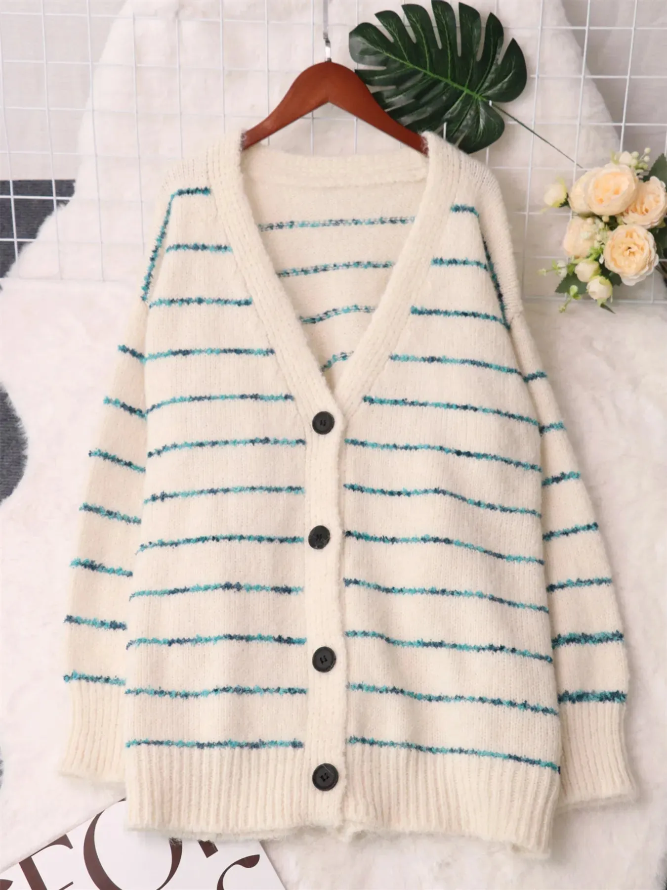 Striped Button-Up Cardigan with V-Neck Design sold by Charming Charlie product image thumbnail 5