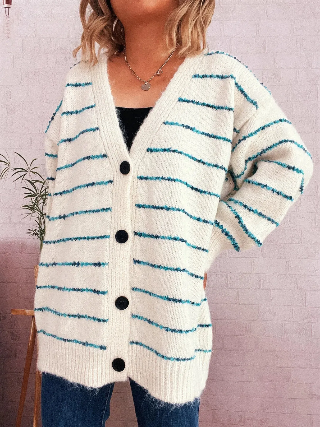 Striped Button-Up Cardigan with V-Neck Design sold by Charming Charlie product image thumbnail 2