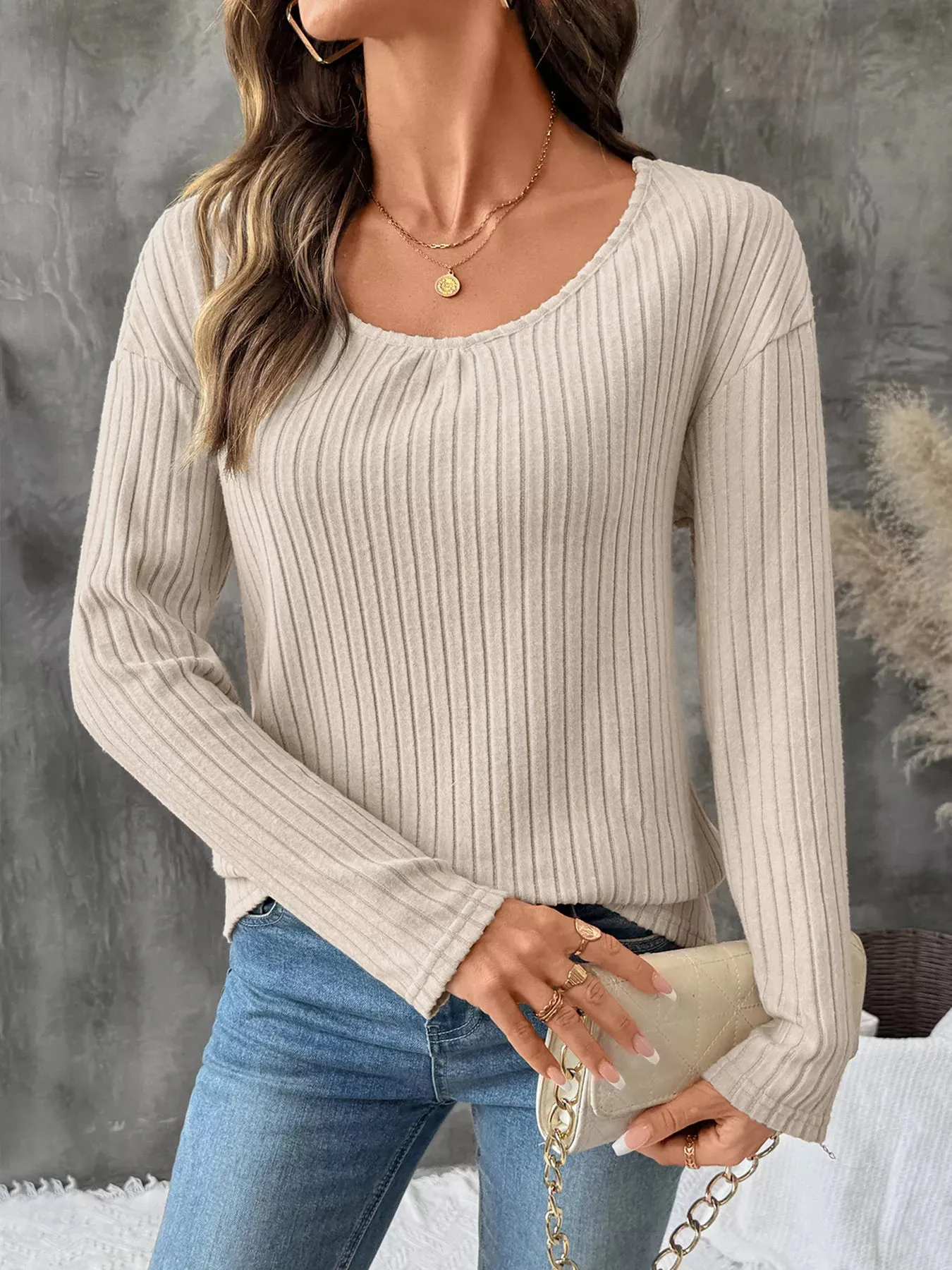 Lace Detail Ribbed Knit Long Sleeve T-Shirt sold by Charming Charlie product image thumbnail 4