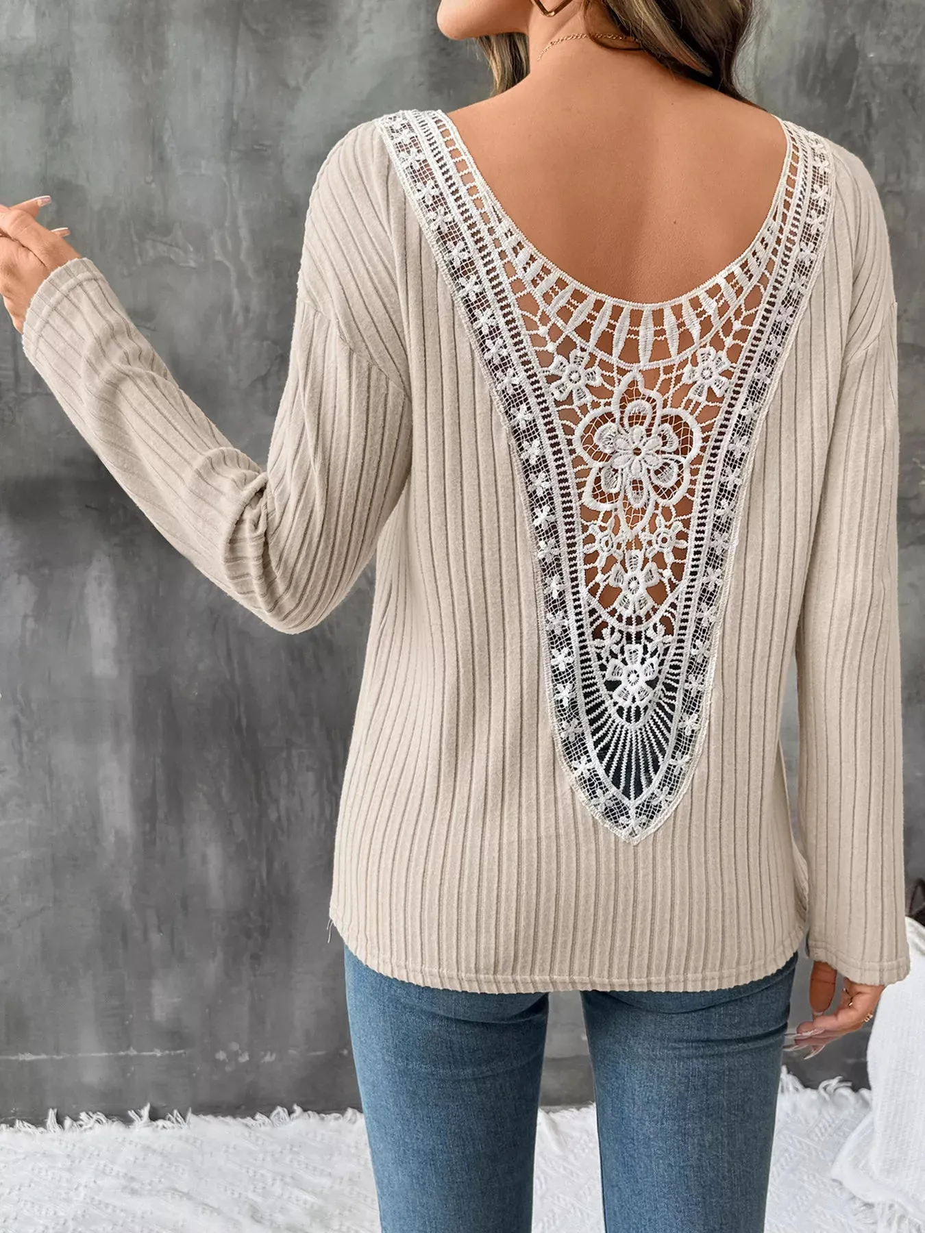 Lace Detail Ribbed Knit Long Sleeve T-Shirt sold by Charming Charlie product image thumbnail 5