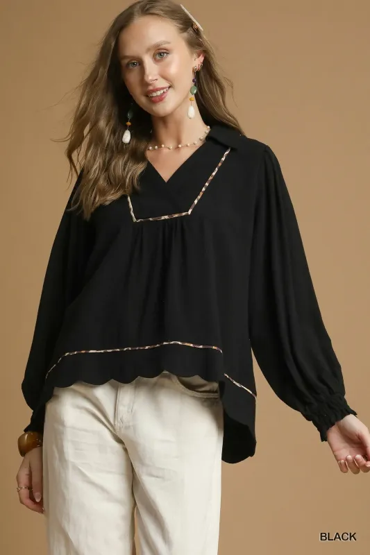 Umgee Full Size Linen Scallop Hem Blouse with Contrast Trim Plus Size sold by Charming Charlie