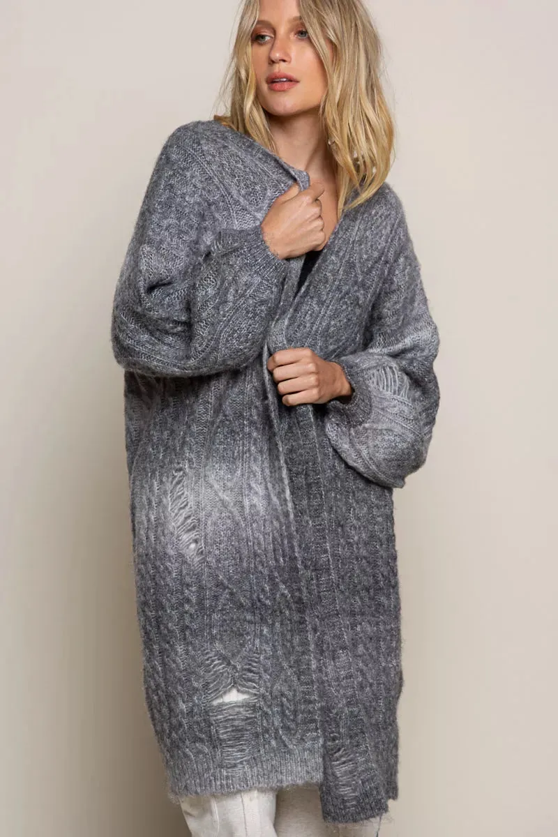 POL Distressed Cable-Knit Ombre Dying Cardigan sold by Charming Charlie