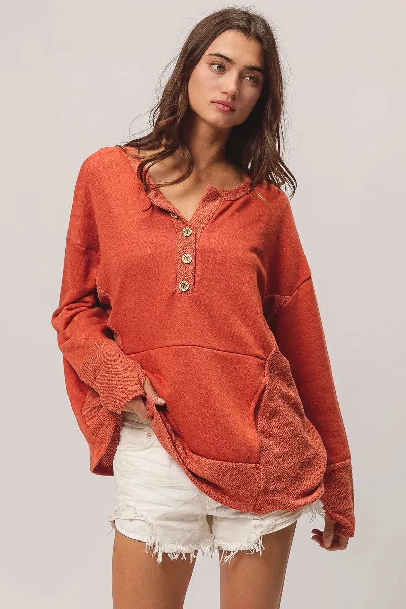 BiBi French Terry Knit Side Block Buttoned Henley Top sold by Charming Charlie product image thumbnail 2