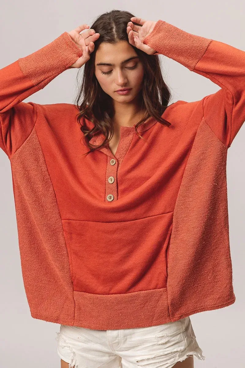 BiBi French Terry Knit Side Block Buttoned Henley Top sold by Charming Charlie product image thumbnail 3
