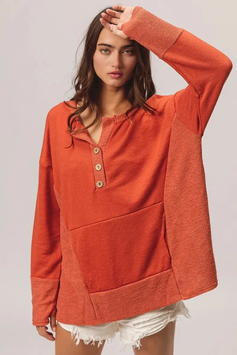 BiBi French Terry Knit Side Block Buttoned Henley Top sold by Charming Charlie product image thumbnail 4