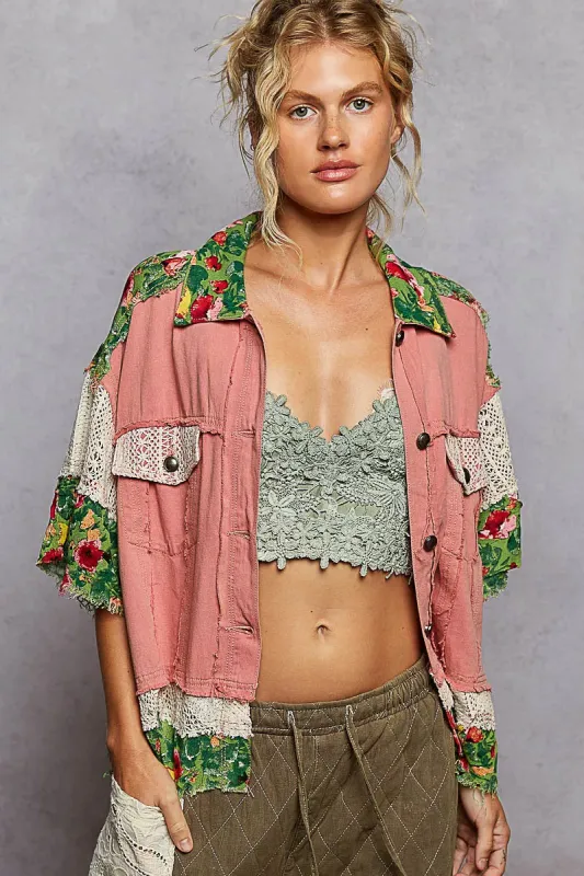 POL Lace Patch Floral Half Sleeve Shacket sold by Charming Charlie