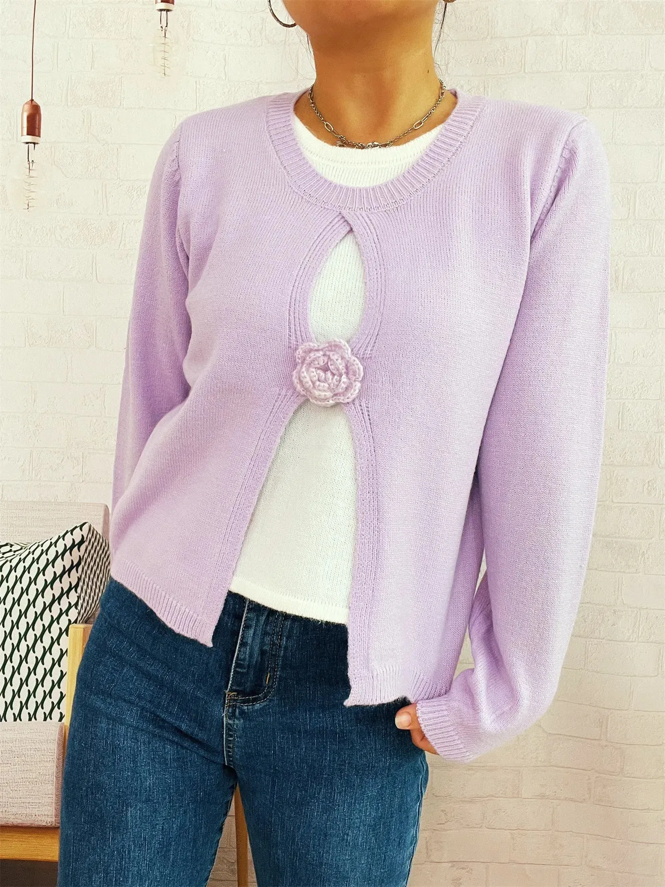 Flower Contrast Round Neck Sweater sold by Charming Charlie product image thumbnail 5