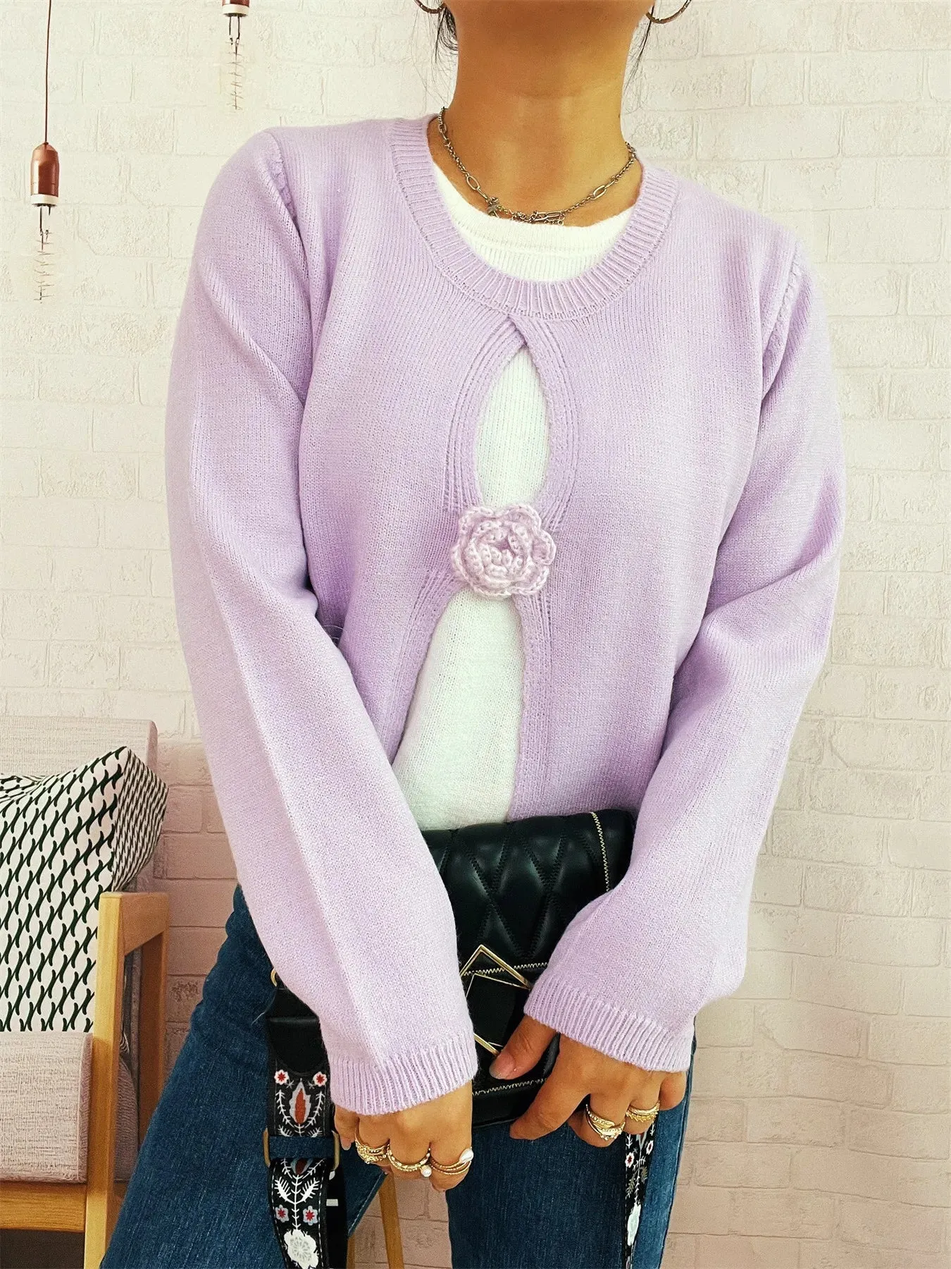 Flower Contrast Round Neck Sweater sold by Charming Charlie product image thumbnail 2