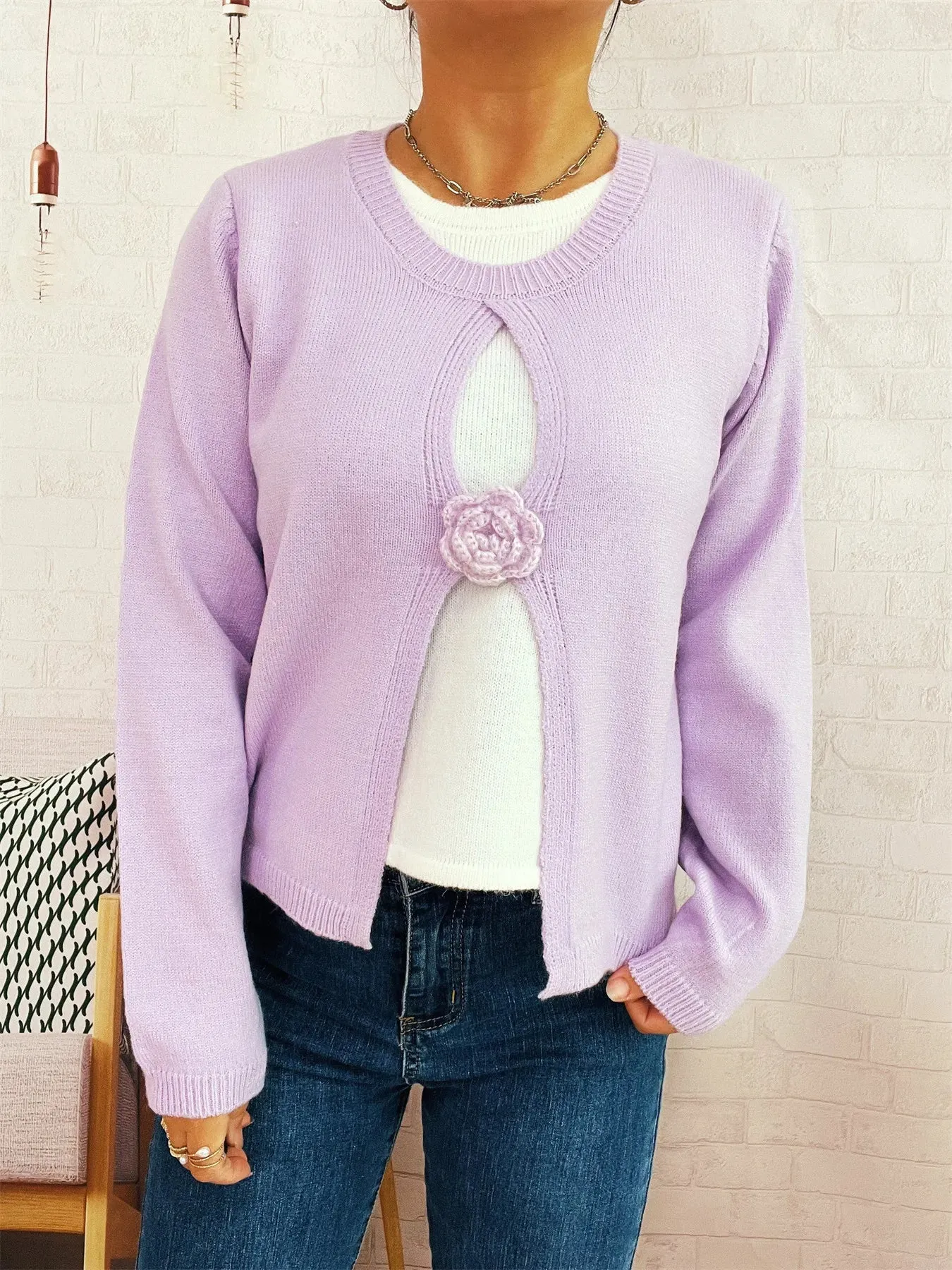Flower Contrast Round Neck Sweater sold by Charming Charlie product image thumbnail 4