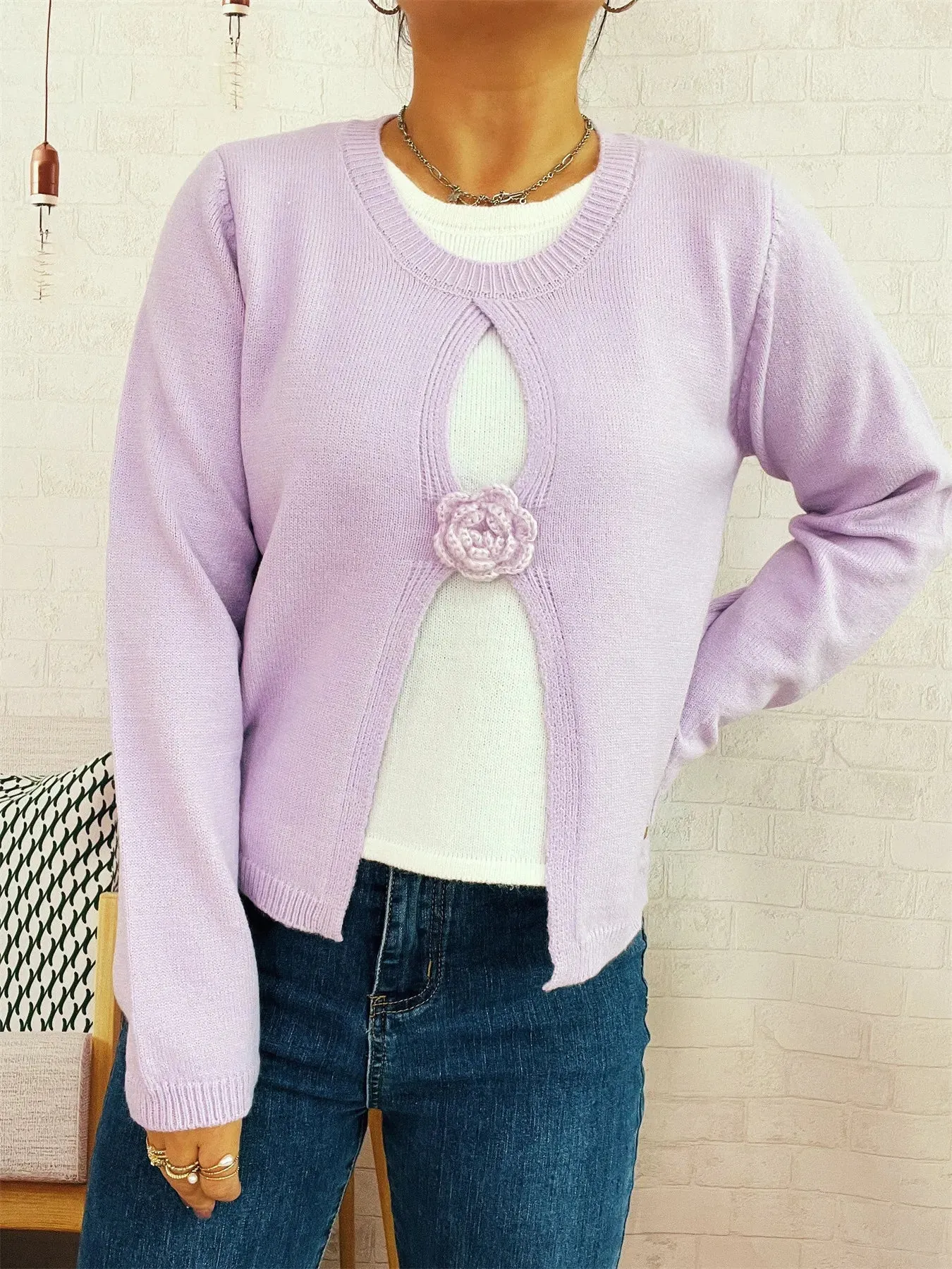 Flower Contrast Round Neck Sweater sold by Charming Charlie