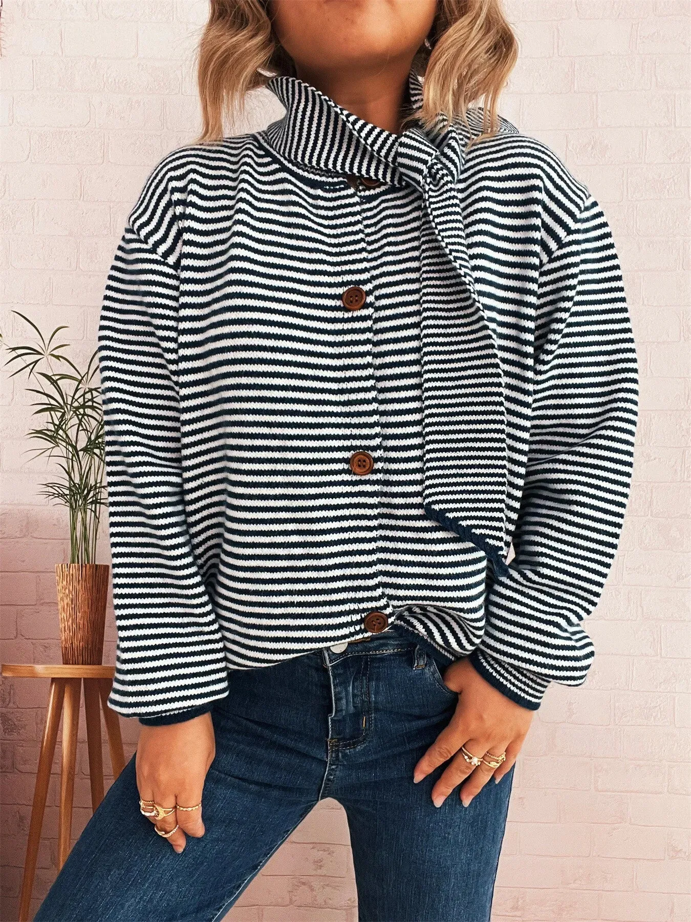 Striped Button Up Long Sleeve Cardigan sold by Charming Charlie product image thumbnail 5