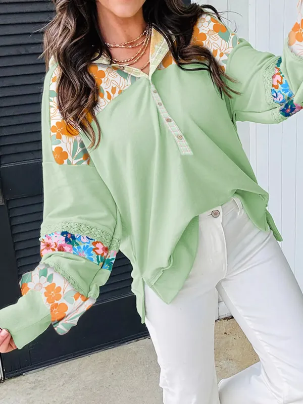 Lace Floral Patchwork Half Button Hooded Top sold by Charming Charlie