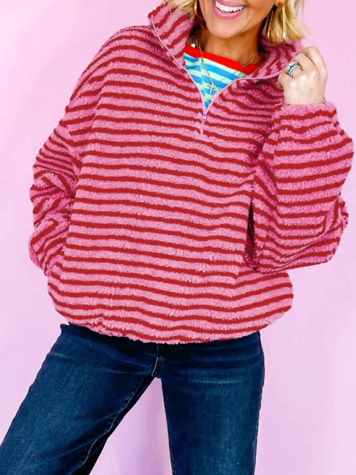 Striped Quarter-Zip Fleece Sweatshirt sold by Charming Charlie product image thumbnail 5