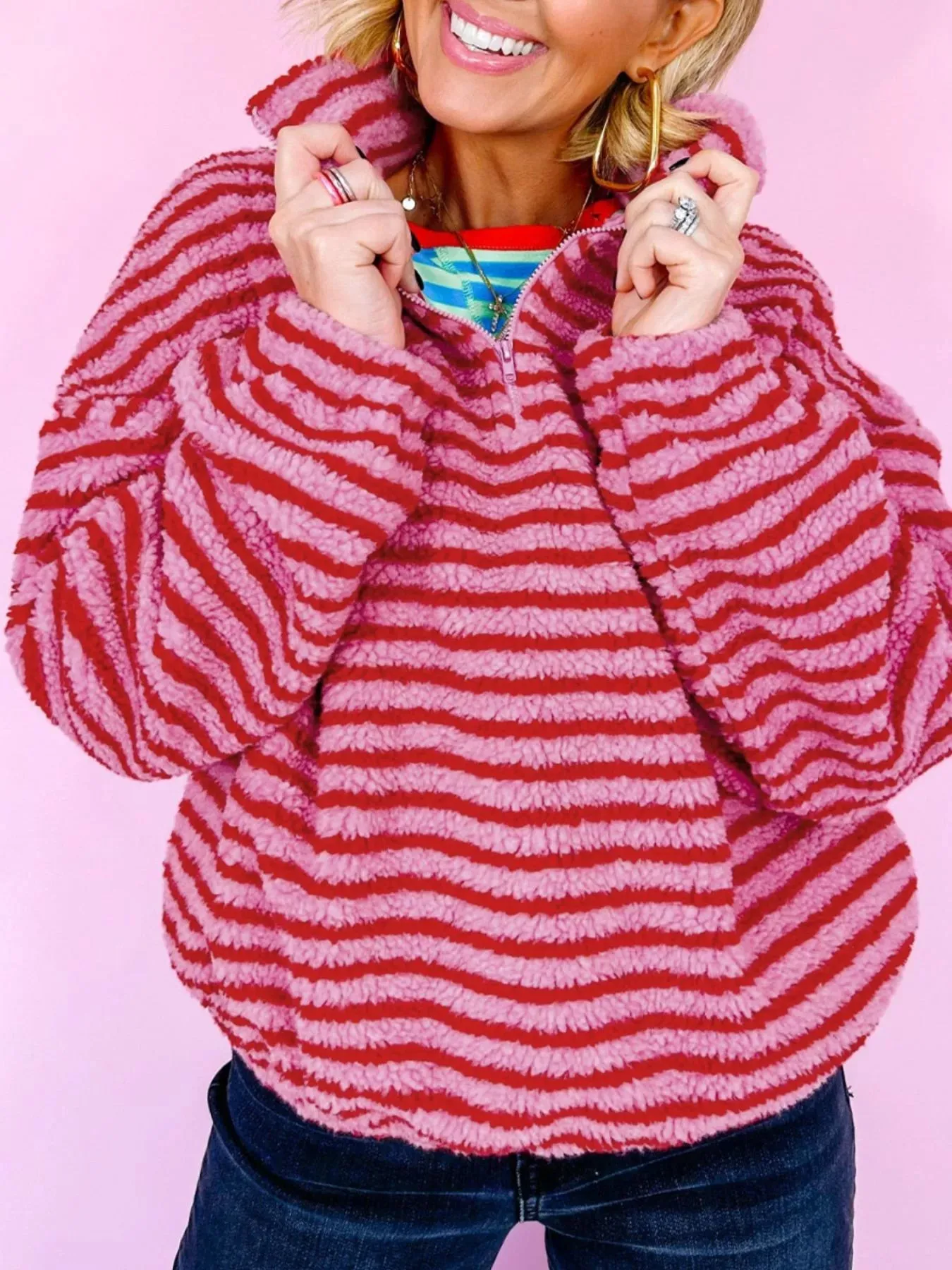 Striped Quarter-Zip Fleece Sweatshirt sold by Charming Charlie product image thumbnail 4