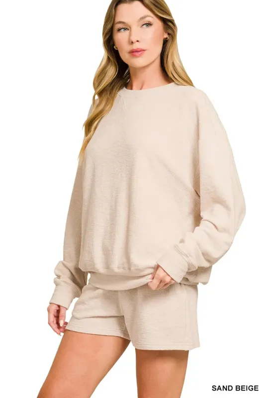 Zenana Slub Long Sleeve Top and Shorts Set sold by Charming Charlie