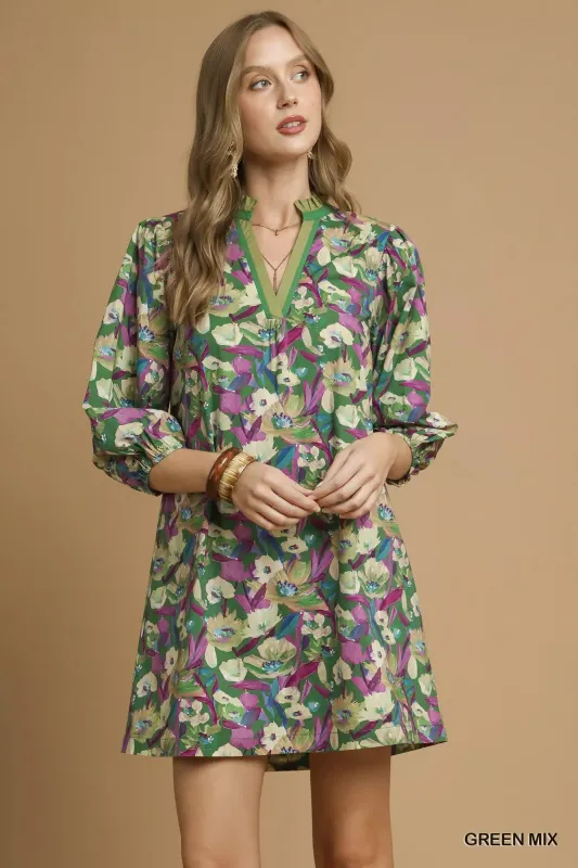 Umgee Boho Floral Balloon Sleeve Mini Dress sold by Charming Charlie