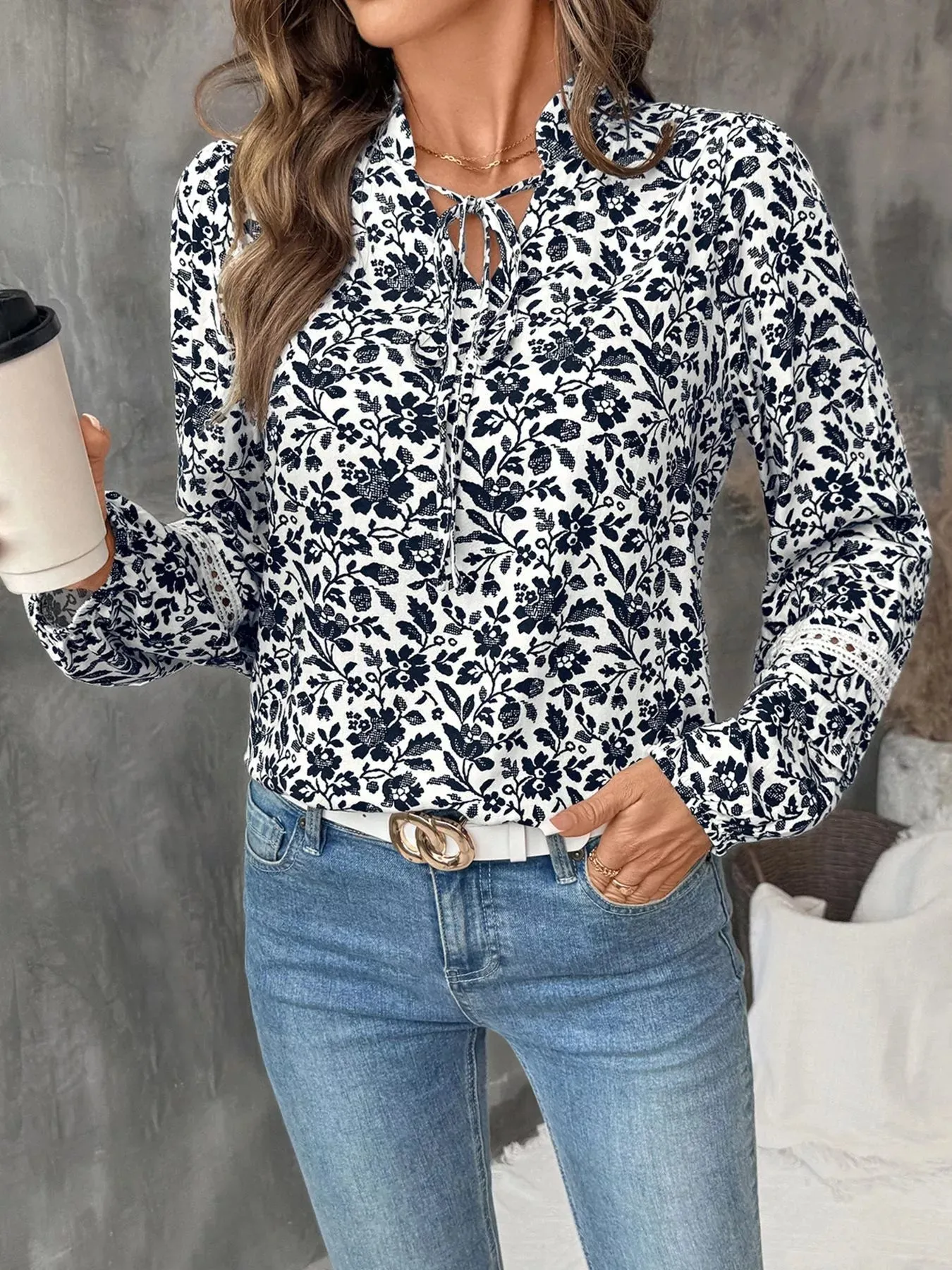 Printed Tie Neck Long Sleeve Blouse sold by Charming Charlie product image thumbnail 3