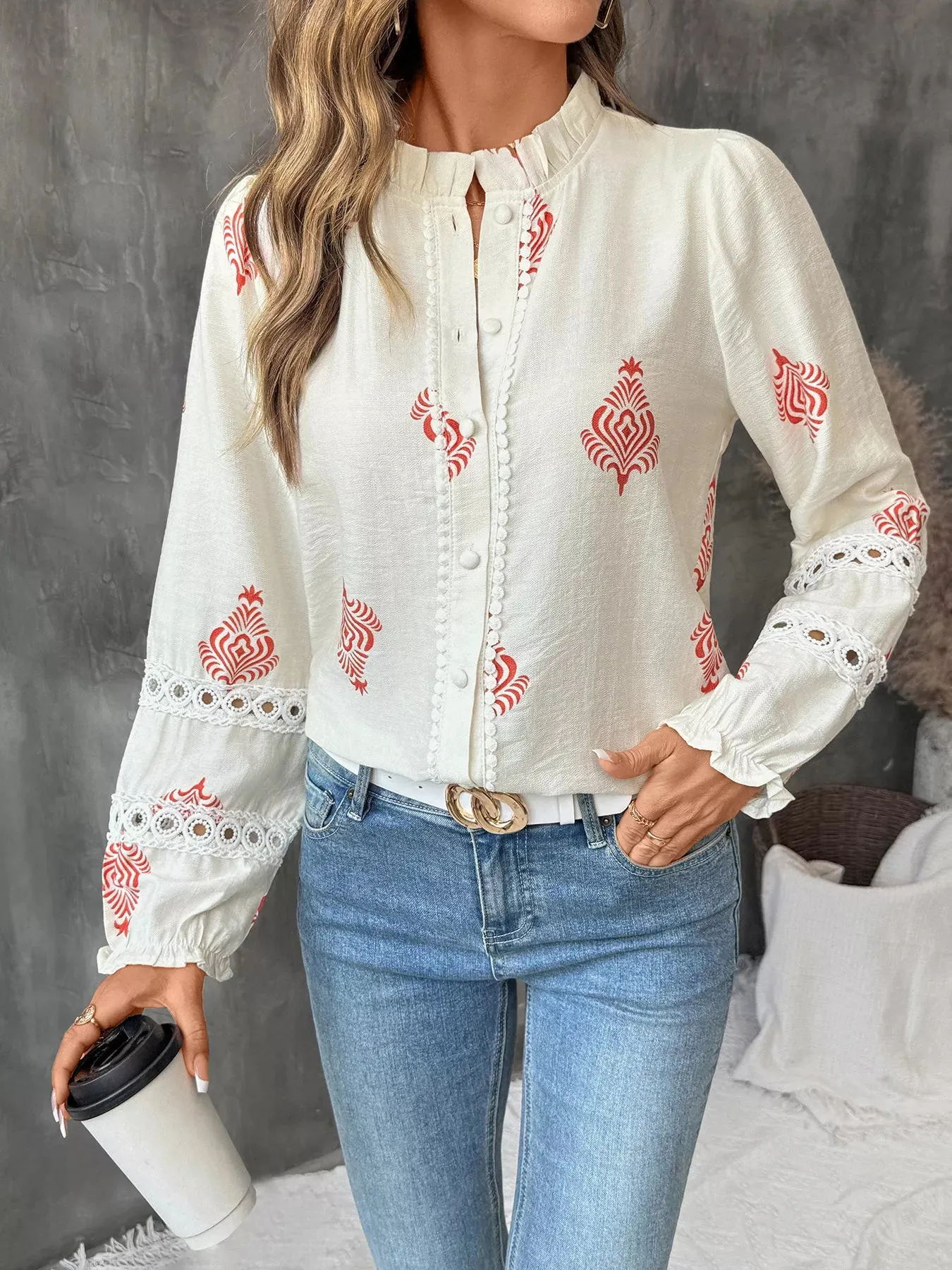 Lace Detail Long Sleeve Shirt sold by Charming Charlie product image thumbnail 3
