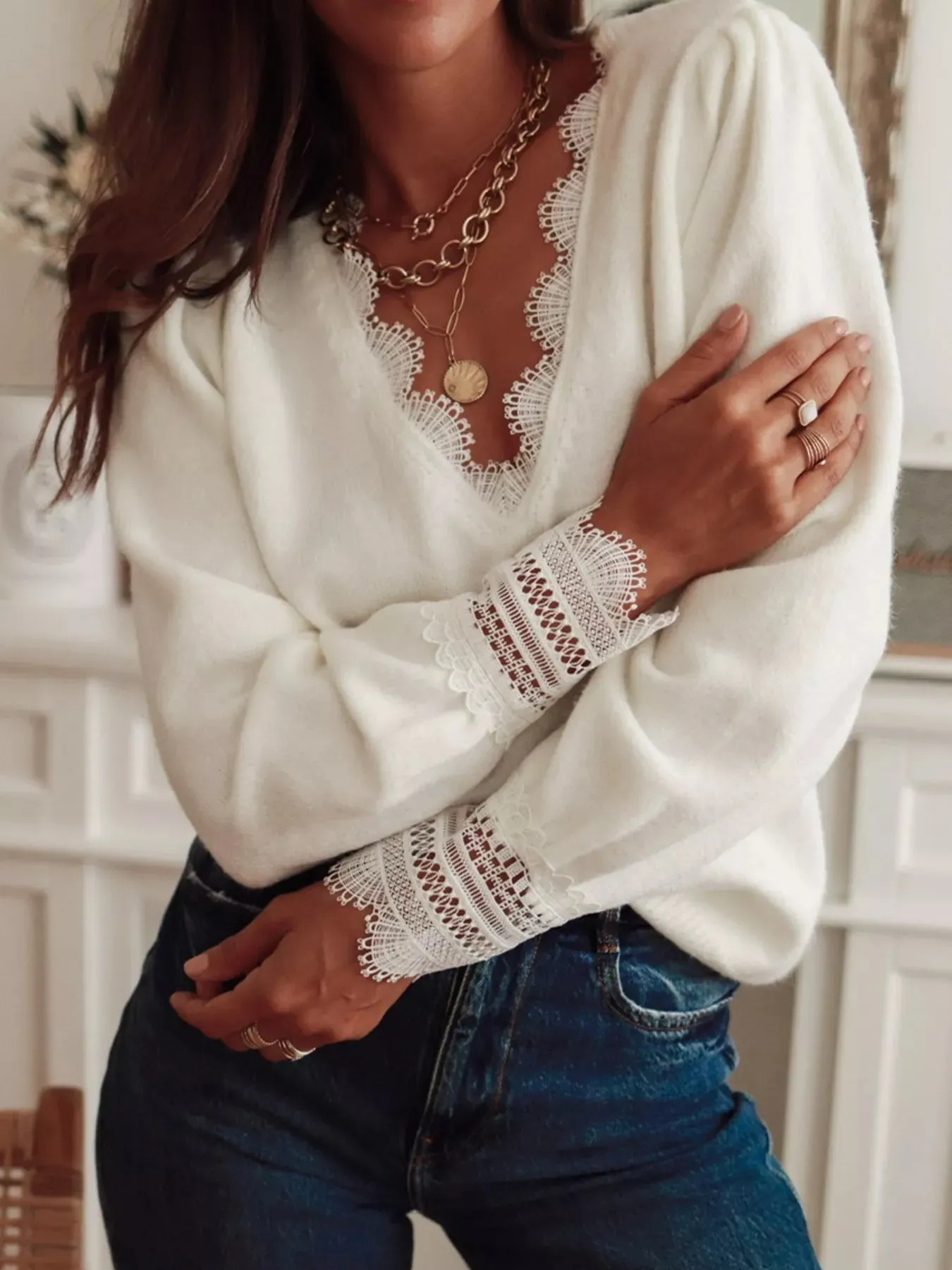 Lace Trim V-Neck Sweater sold by Charming Charlie product image thumbnail 2