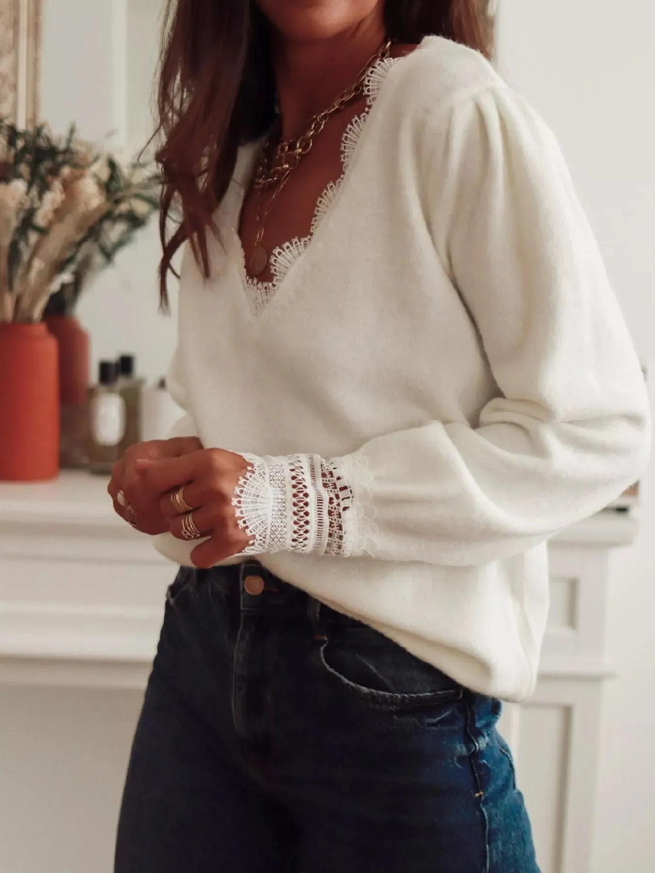 Lace Trim V-Neck Sweater sold by Charming Charlie product image thumbnail 4