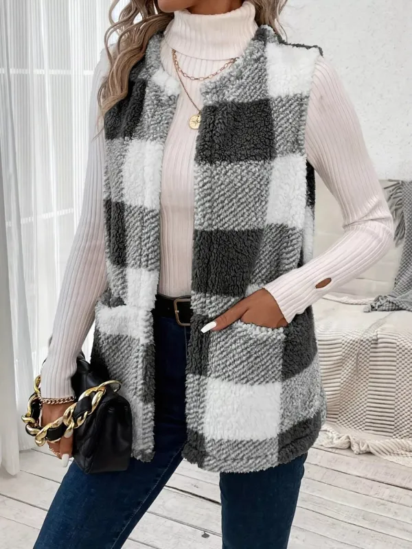 Plaid Sherpa Vest Coat with Pockets sold by Charming Charlie
